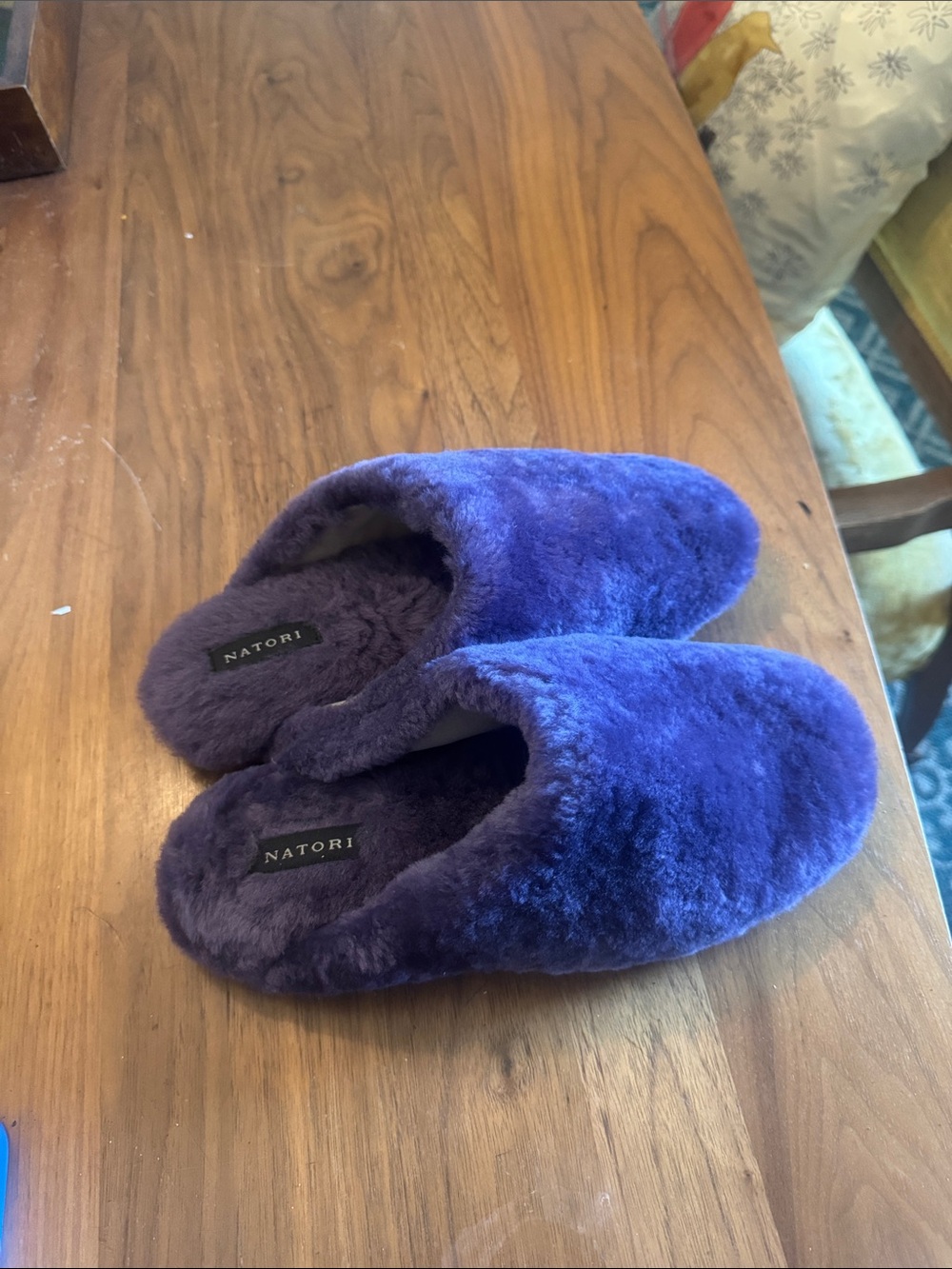 Natori Plush Faux-Fur Slip-On Slippers in Deep Purple